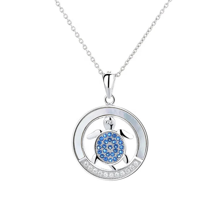 Ocean Jewelry Real Silver 925 Blue Turtle Shell Pendant Necklace for Women