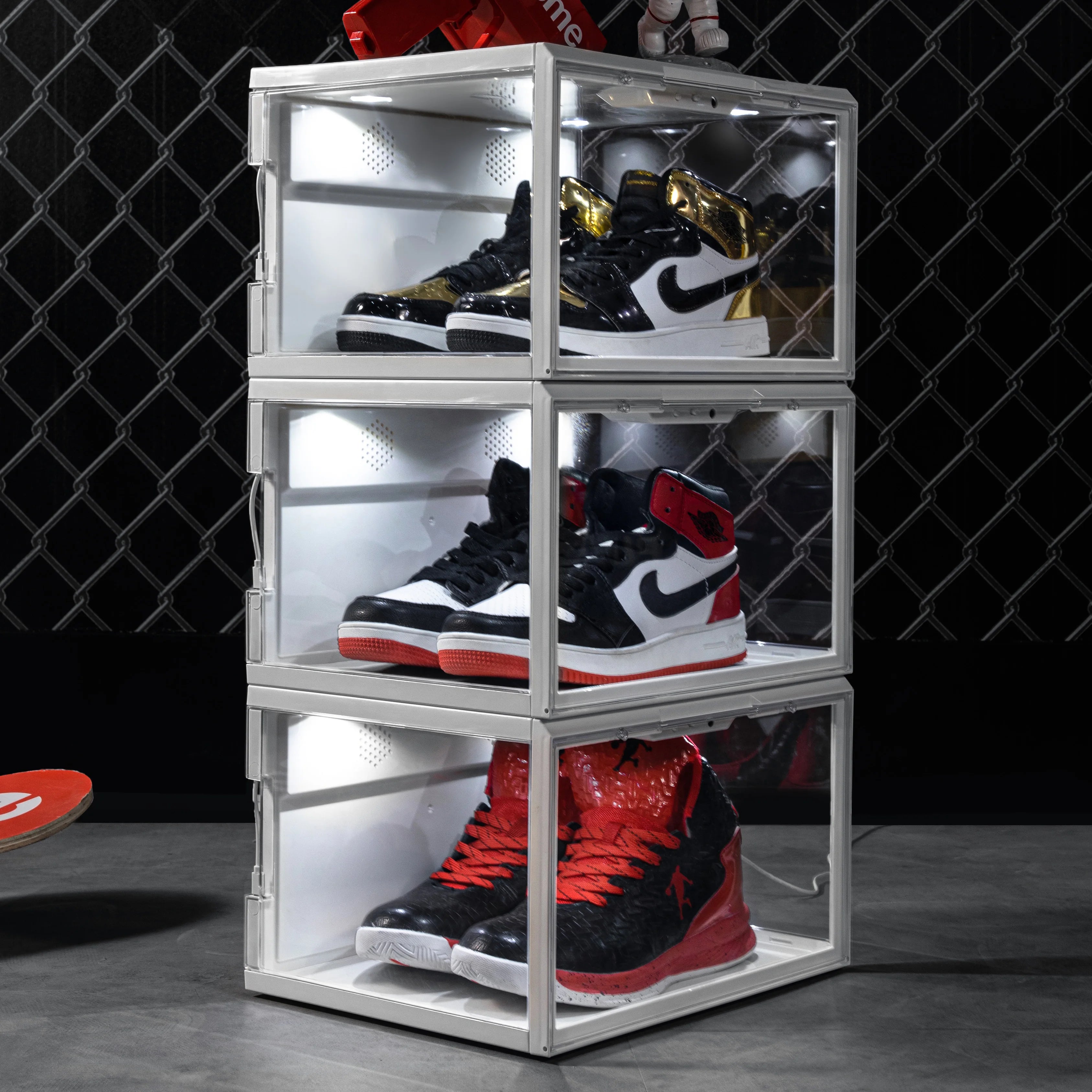 Magnetic Stackable Portable Custom logo clear LED Shoe Box case Acrylic Sneaker Sound Control Sneaker Shoe Box with Led Light