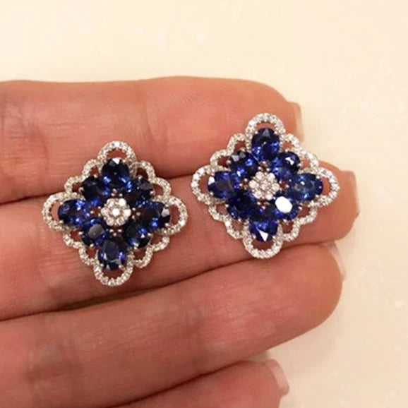 CAOSHI 2025 Design Gorgeous Flower Earring CZ Micro Pave Oval Blue Crystal Zircon 925 Silver Coating Stud Earrings Women Wedding