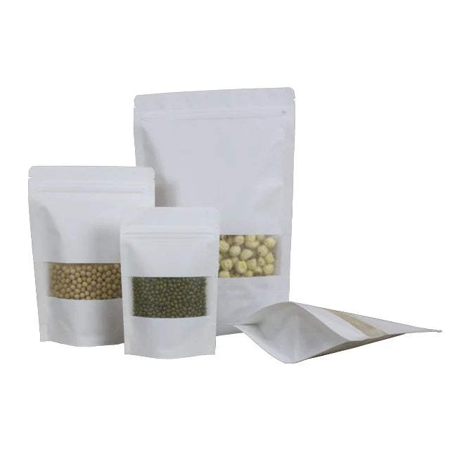 Customizable White Matte Kraft Paper Mylar Zip Lock Stand-Up Plastic Bags Resealable Window Customizable Packaging Food Sugar