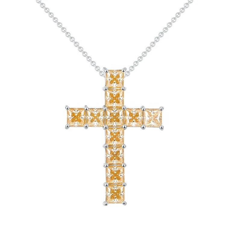 New Arrival S925 Sterling Silver Cross Pendant Necklace Emerald Cut Yellow Moissanite for Women and Men Lead Free