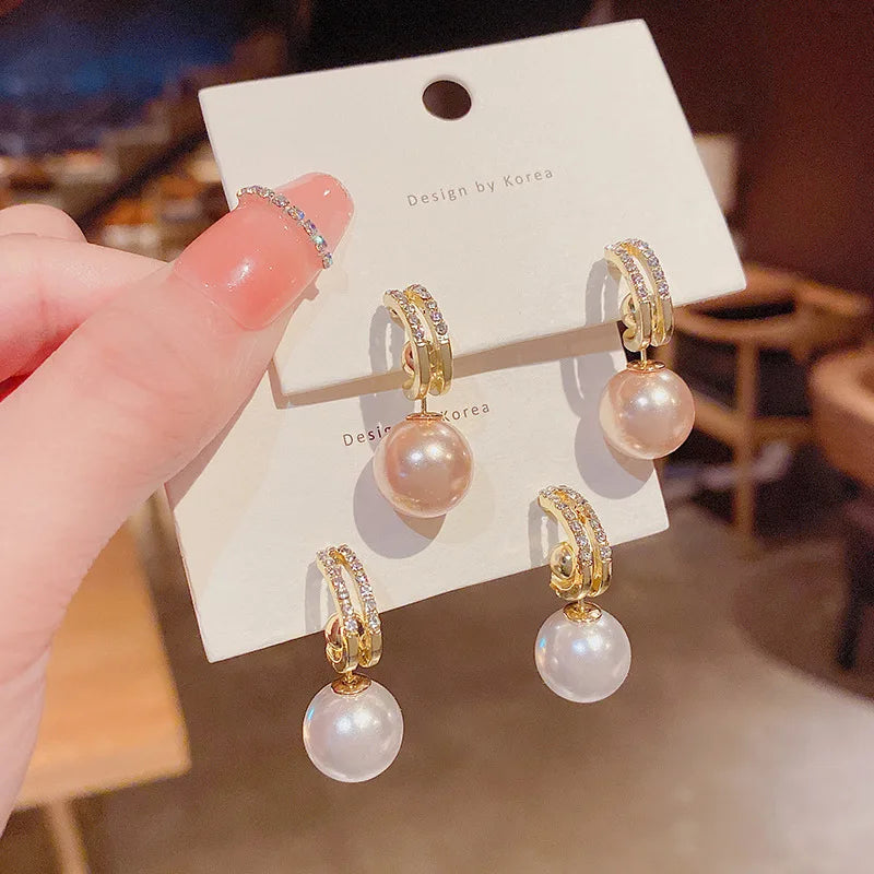 Shiny Double Circle Exquisite Zircon Earrings for Women Vintage Simple Imitation Pearl C Shaped Geometric Earring Jewelry Gift