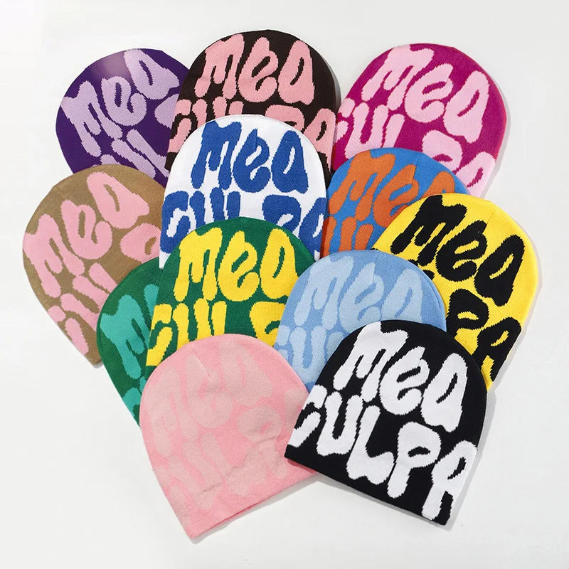 Wholesale Y2k Style Custom Logo Elastic Jacquard Personalized Design Acrylic Knitted Beanie Hats Winter Warm Cuffless Skull Cap