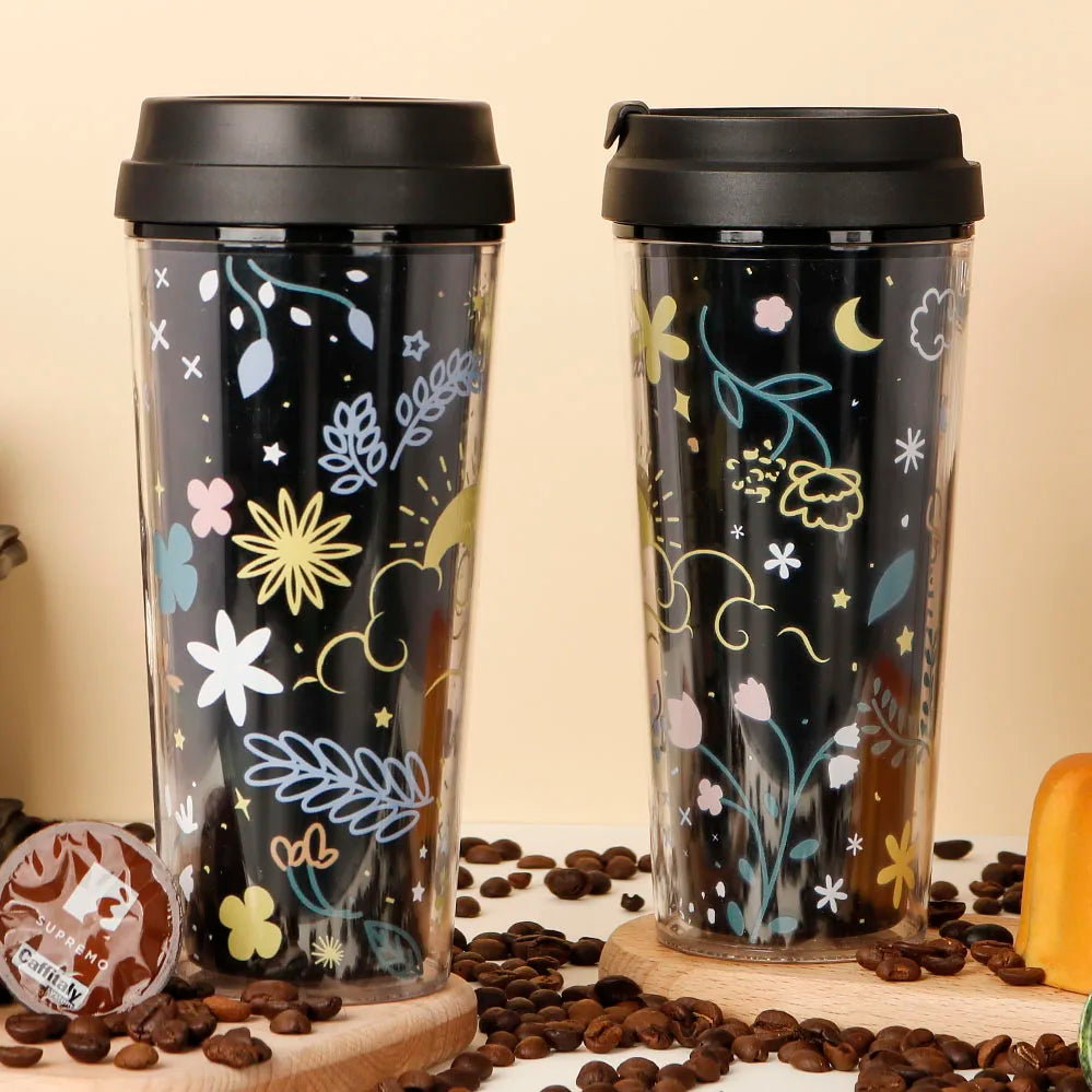 Custom Logo 16oz Black Acrylic Double Layer Travel Mug with Lid and Straw Printed Plastic Coffee Tumbler