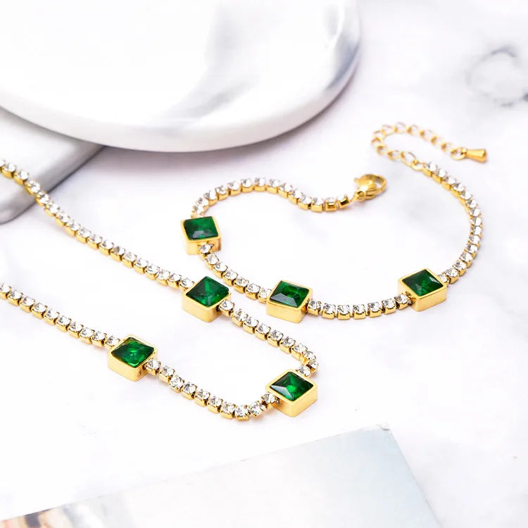 Woman Fashion Stainless Steel Tennis Chain Luxury Green Cubic Zircon Diamond Tennis Chain Necklace Bracelet Jewelry Set