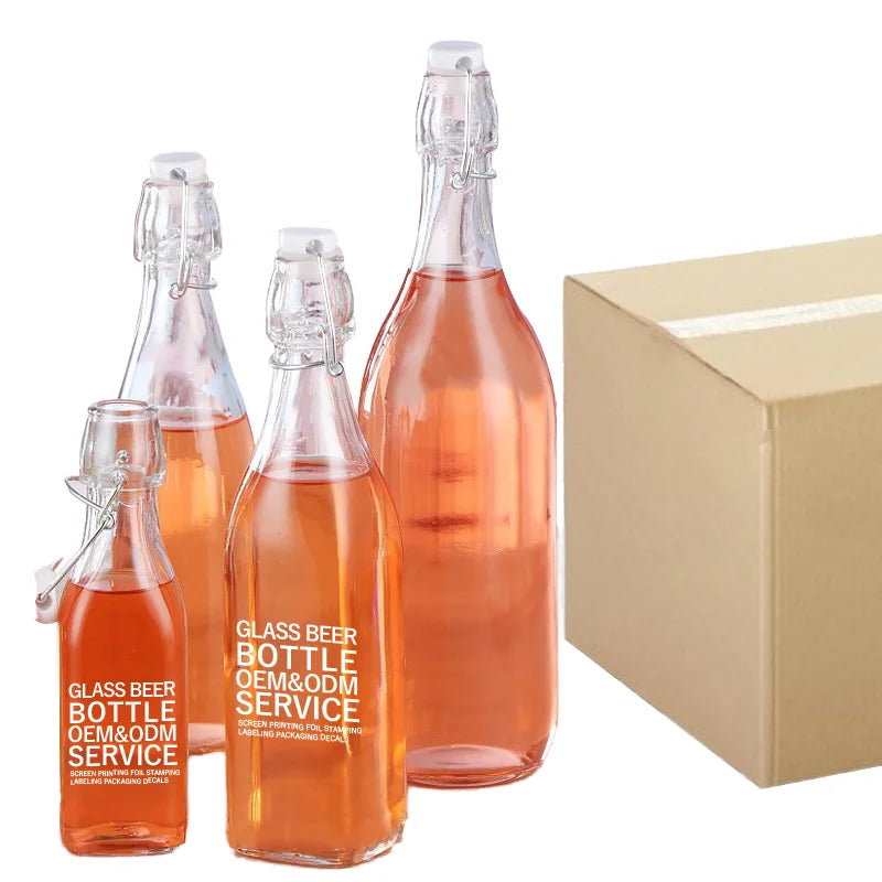 Factory Wholesale 250ml 500ml 1liter 32oz Square Clear Glass Beer Soda Bottles With Swing Top Clip Cap