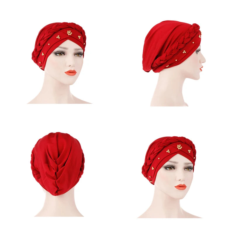 ZRCE Fashion Solid Single Braid Beading Pearl Crystal Polyester Hijab Knot Scarf Head Wrap Muslim Turbans for Ladies Party All