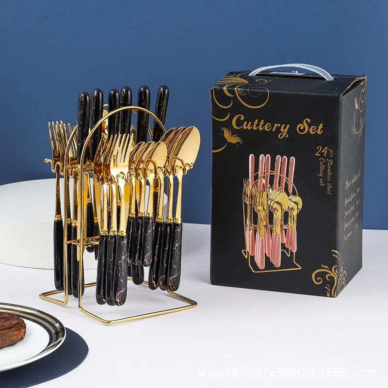 Hot Selling 24Pcs Stainless Steel Gold Cutlery Set Spoon Knife Fork Silverware Wedding Flatware