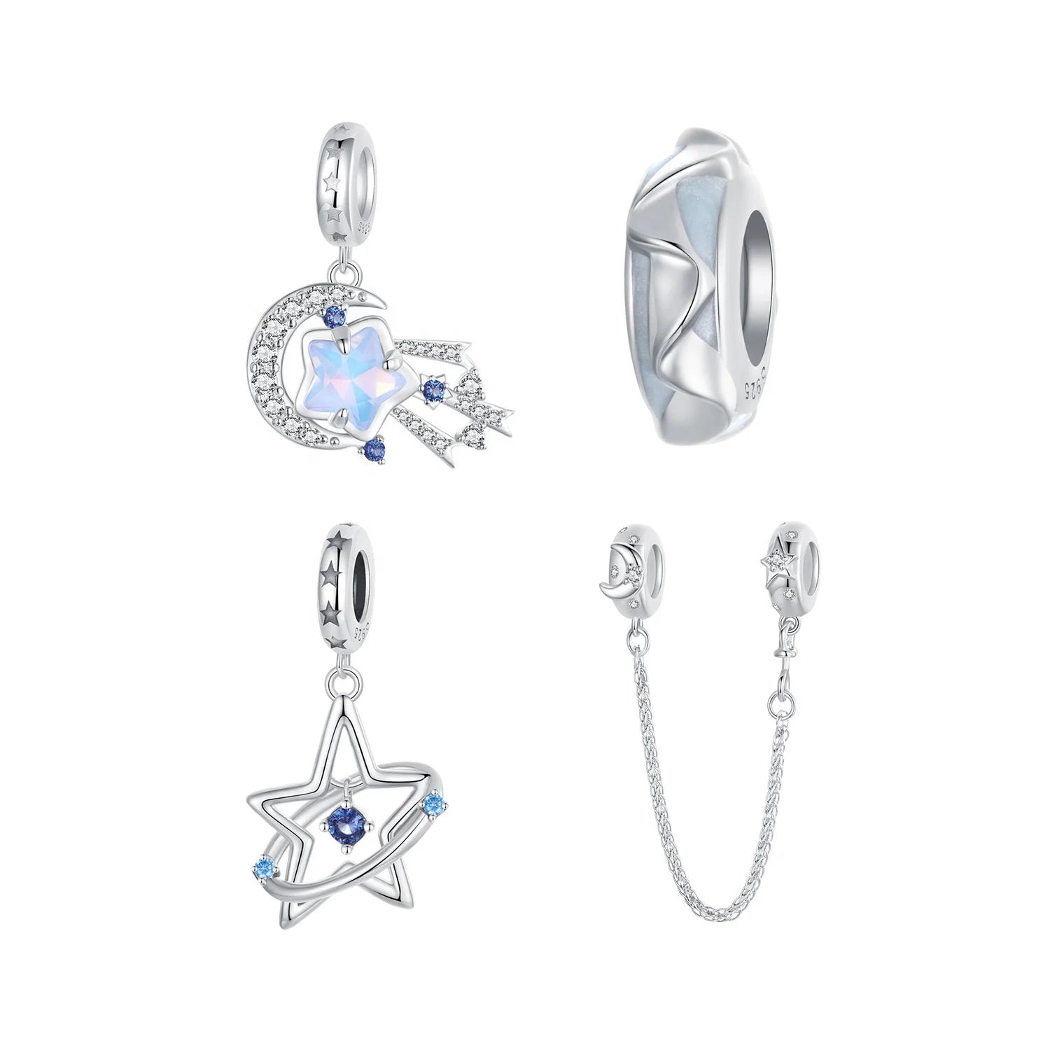 925 Sterling Silver Dream Moon Star Pendant Safety Chain Rhodium Charm for DIY Bracelet Bead Fine Jewelry Making for Women