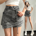 S-XL Irregular Spliced Denim Shorts Women's High Waist Anti Glare Versatile Elastic Half Body Skirt Pants