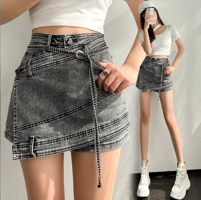 S-XL Irregular Spliced Denim Shorts Women's High Waist Anti Glare Versatile Elastic Half Body Skirt Pants