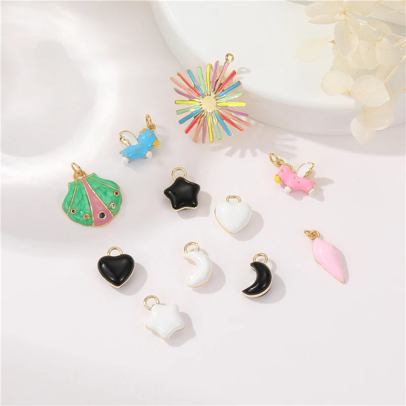 Cute Pegasus Beast Star Moon Rainbow Shell Flower Enamel Brass Pendant Necklace Earrings Cartoon Charms DIY Making Accessories