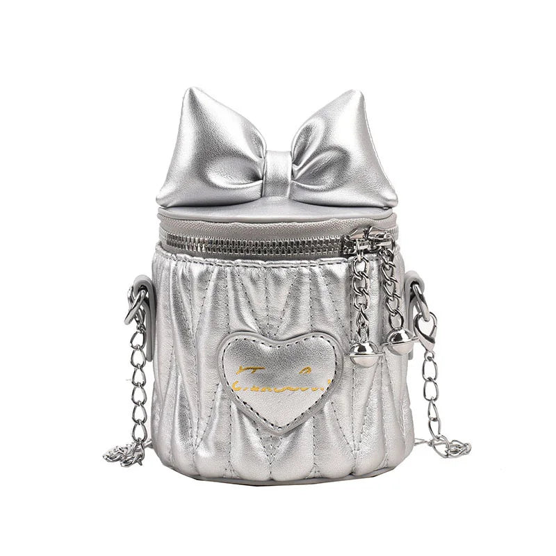 Mini Small Bag Children's Bag Girl's Bow Diamond Grid Chain Folded Korean Edition Bucket Bag