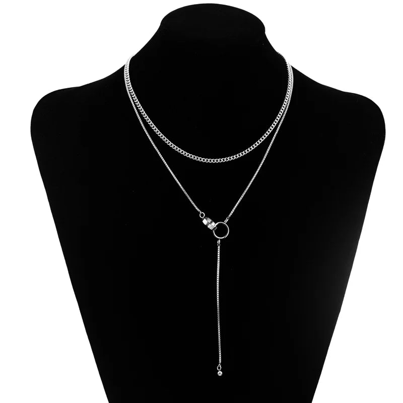 Minimal Jewelry Delicate Box Chain Necklace Roman Number Double Ring Necklace