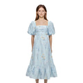 High Quality Floral Printed Fashion Sky Blue Satin Short Sleeves Fitting Pleated High Waist Long Dress for Women