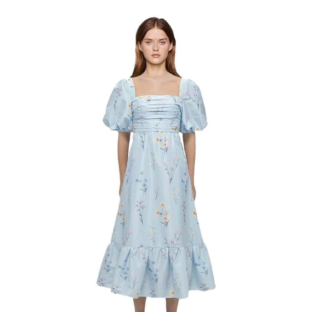 High Quality Floral Printed Fashion Sky Blue Satin Short Sleeves Fitting Pleated High Waist Long Dress for Women
