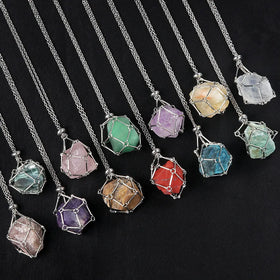Wholesale Stainless Steel 18k Gold Net Bag Natural Crystal Raw Stone Adjustable Bamboo Knot Net Pendant Necklace Gemstone