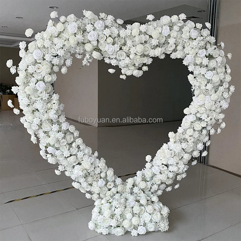 H117 White Heart Shaped Marry Me Proposal Silk Faux Floral Runner Arrangement Arch Artificial Rose Heart Flowers for Decor