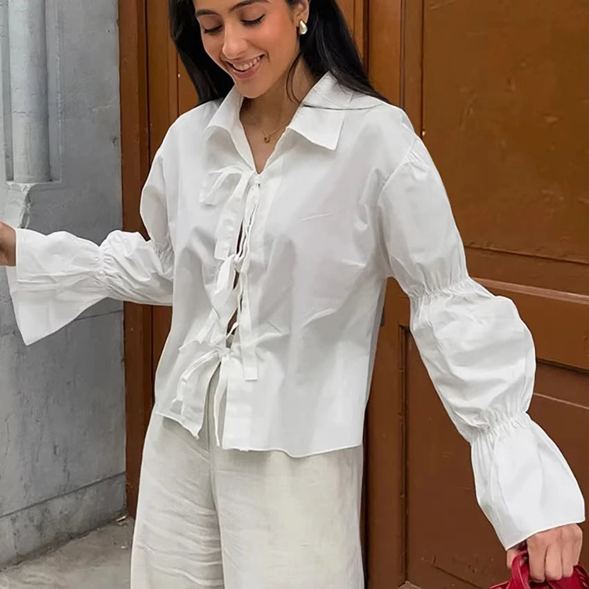 Enyami 100% Cotton Fashion Elegant Casual Linen Cotton Pure Color Turn Down Collar Long Sleeve Strap Women Shirt