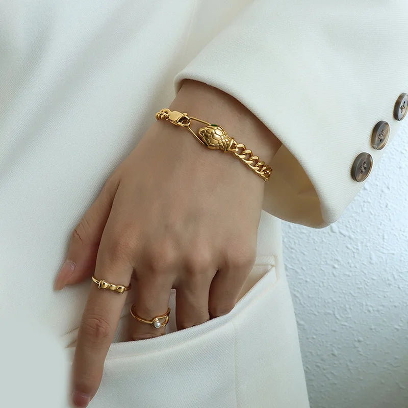 Stainless Steel 18K Gold Chain Snake Head  Punk Animal Hip Hop Snake