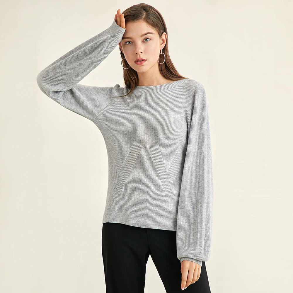 High Quality Spring  Loose Pullover Round Collar Lantern Sleeve Wool Sweater Woman