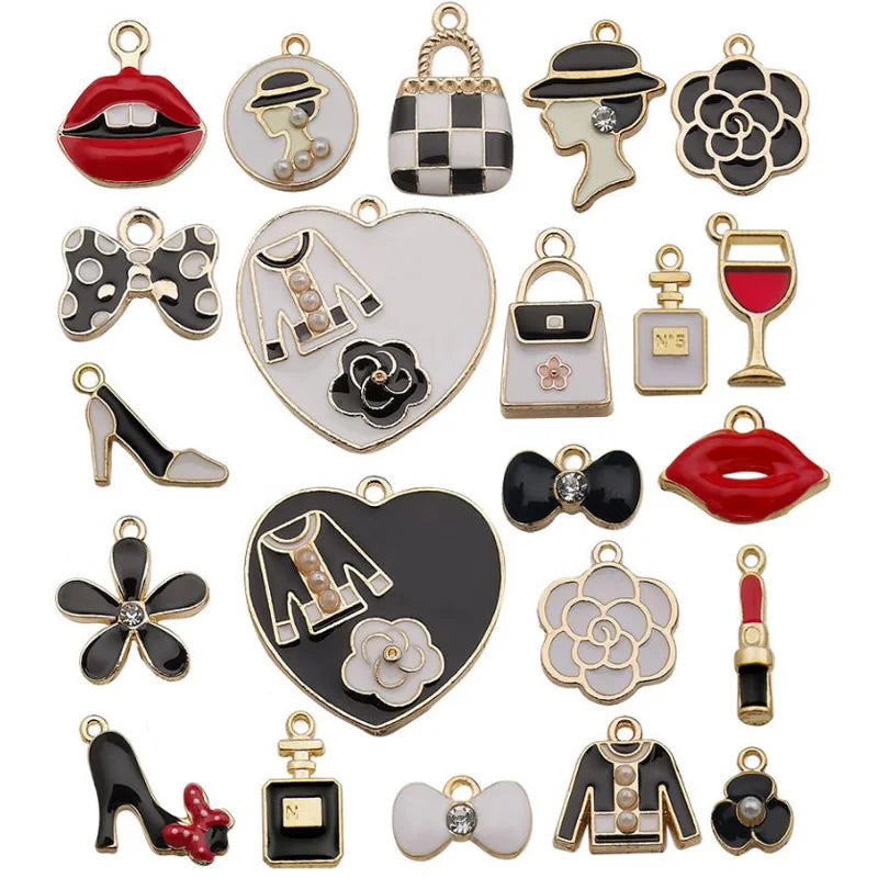 23pcs Mixed Designs Black Flower Enamel Earth Charms for Jewelry Making Alloy CC Charm Pendant