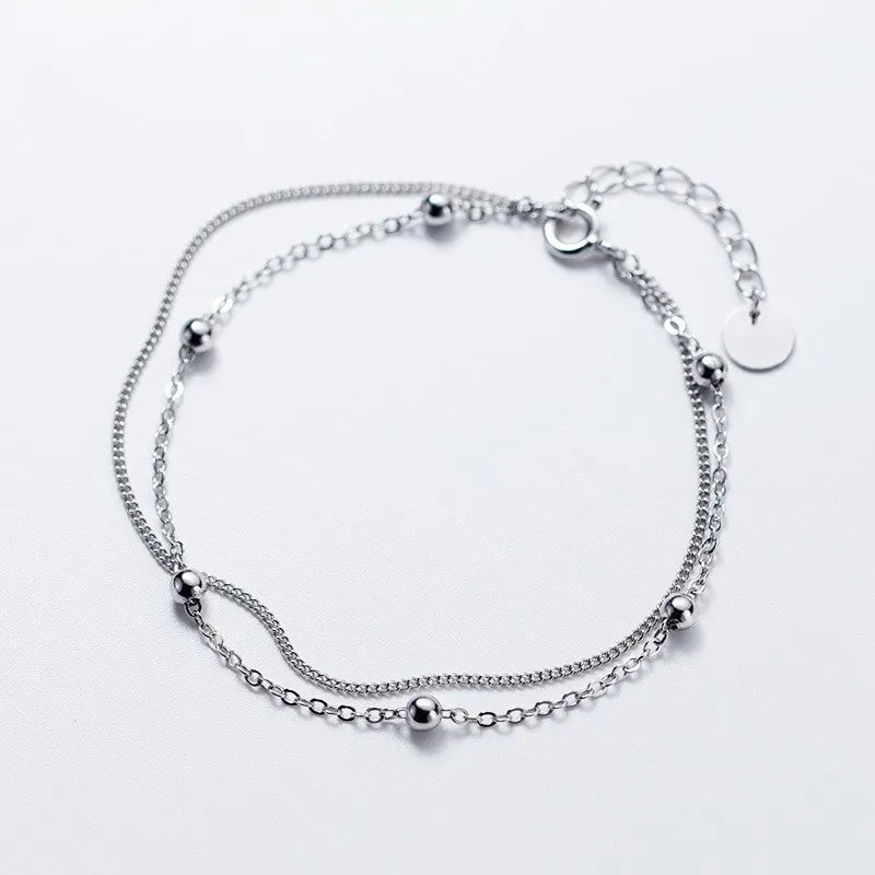 Small Round Ball Beads Double Layer Link Chain 925 Sterling Silver Charm Bracelets Women Fine Jewelry