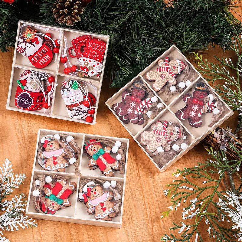 12 Pcs Home Decoration Wooden Gingerbread Man Pendant Christmas Tree Pendant Ornament