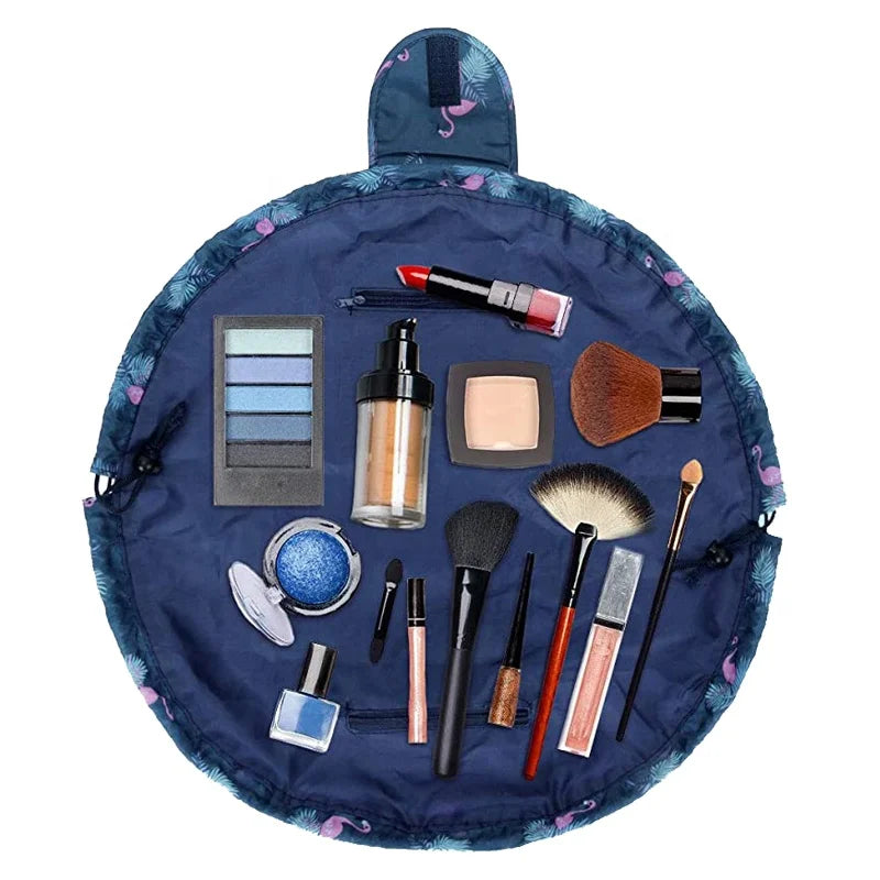 Woman Waterproof Lazy Drawstring Storage Organizer Portable Oxford Large Travel Opens Flat Makeup Bag Cosmetic