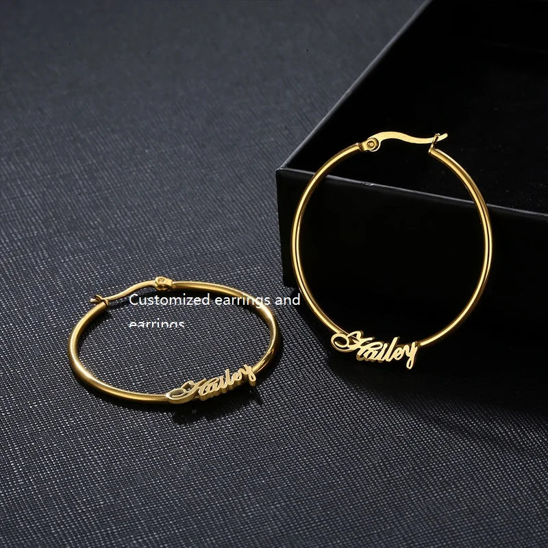 Custom Personalized Name Diamond Hoop Earrings Rose Gold Plated Stainless Steel Trendy Gift for Women Girls Mother's Day