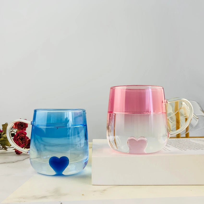 Layer Sublimation Gradient Espresso Coffee Tea Juice Pink Blue Valentine Water Glass Cup Heart Shape Decorate