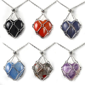Stainless Steel 18k Gold Net Bag Natural Crystal Heart Stone Adjustable Bamboo Knot Net Pendant Necklace Gemstone