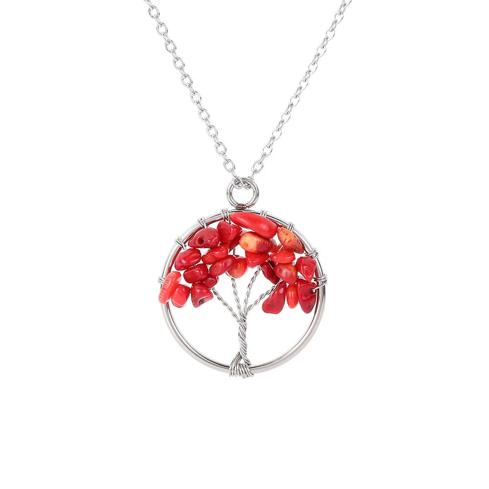 Hongzhuo New 2021 Hot sale 7 Chakra Red coral Tree of Life Natural Tumbled Gemstone Wire Wrapped Pendant Necklace Jewelry Jewelry