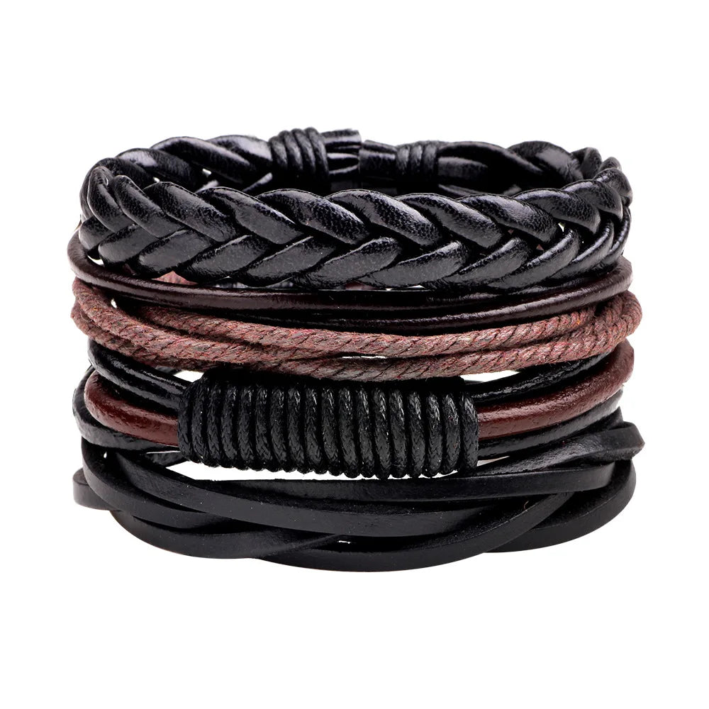 Punk Handmade Adjustable Mens Vintage PU Leather Bracelet Set Jewelry