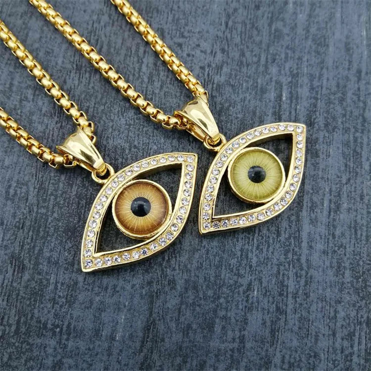 Popular Design Gold Plated Jewelry Stainless Steel Crystal Jewelry Rhinestone Evil Eye Pendant Necklace