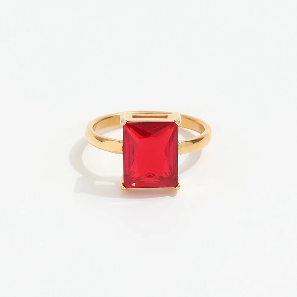 High End 18K Plain Gold Rectangle Red Ruby Garnet  Zirconia Statement Rings Stainless Steel Trendy Simple Gold Plated Jewelry