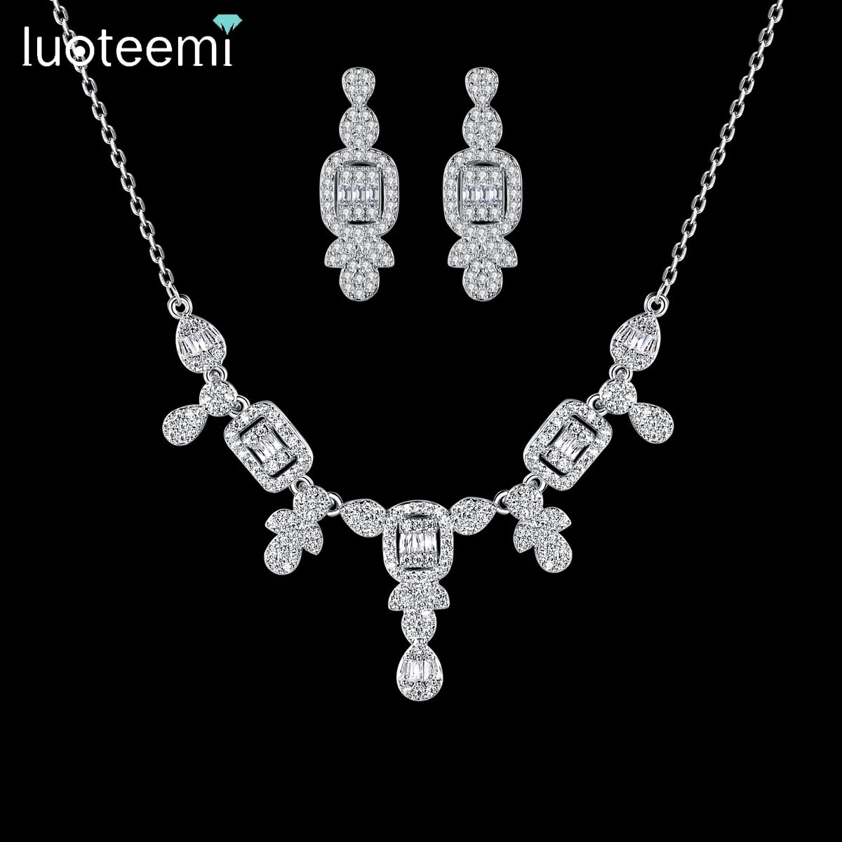 LUOTEEMI Chain Necklace Designer Making Supply Earring Bling Cubic Zirconia Charm Bohemian Flower Fashion Jewelry Set