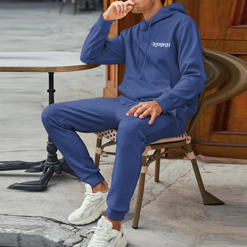 Online Retailer Men Winter Fashion Printed Textured Tracksuit Casual Drawstring Pullover Hoodies Sweatpants Sets with Pockets