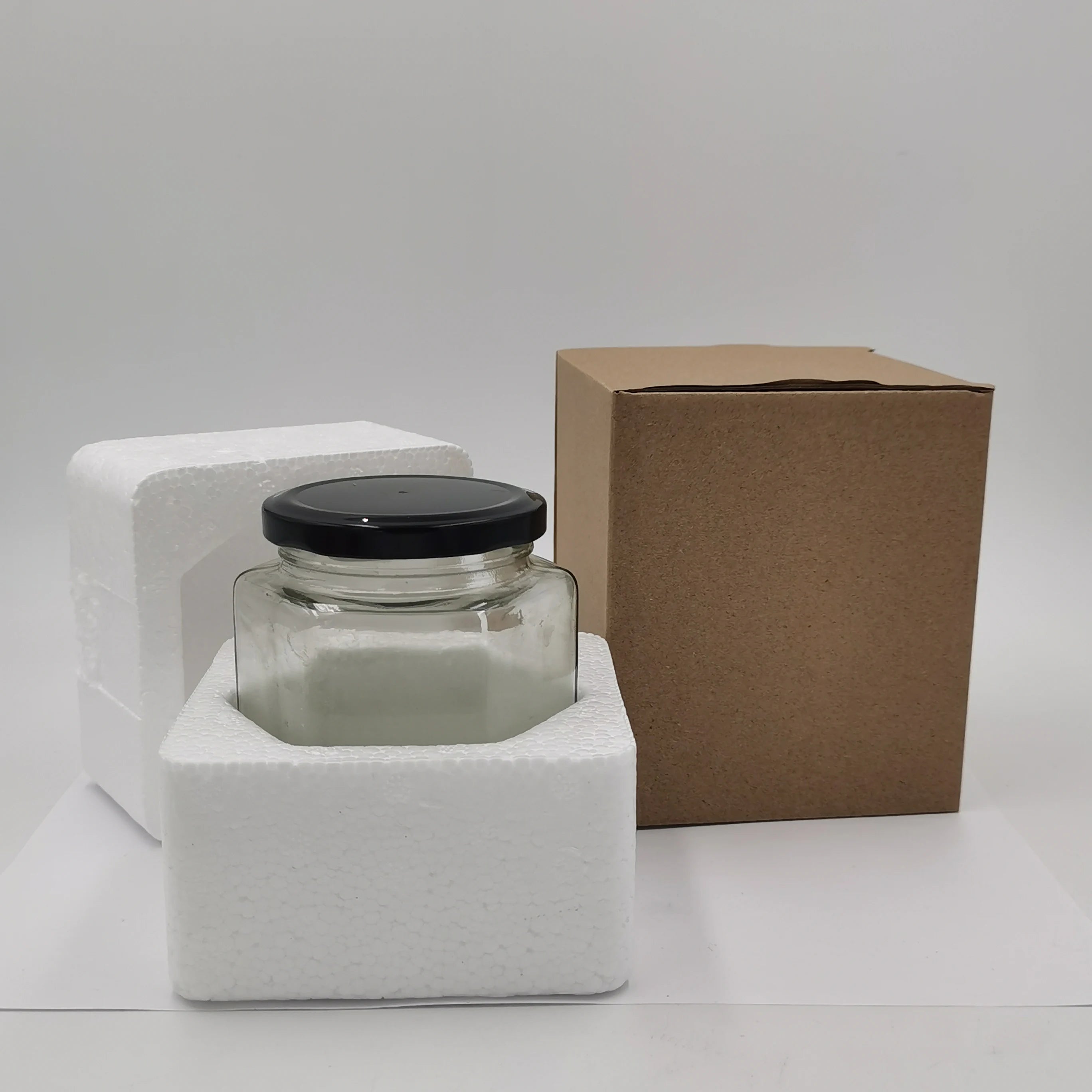 Customized logo in Stock 180ml 500ml1000ml Hard Foam Box Glass Hexagonal  Jar With Red Black Lid for Honey Food