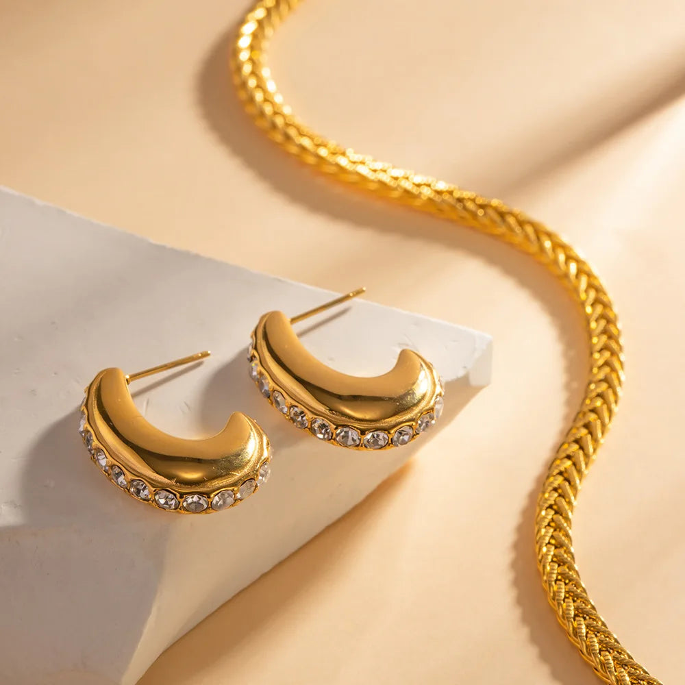 Fashion Jewelry 18K Gold Plated Zircon Cuff Earrings Stainless Steel Nickel-Free Lead-Free Women's Wedding Gift
