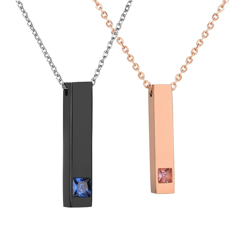 Custom Wholesale Simple Glossy Polished Three-dimensional Inlaid Zircon Pillar Necklaces Stainless Steel Couple Pendants