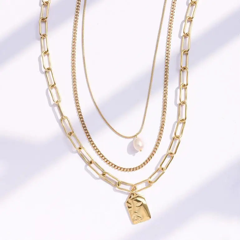 Fashionable Trend Three Layer Irregular Pendant Freshwater Pearl Sweater Chain Fold Wear Necklace Woman