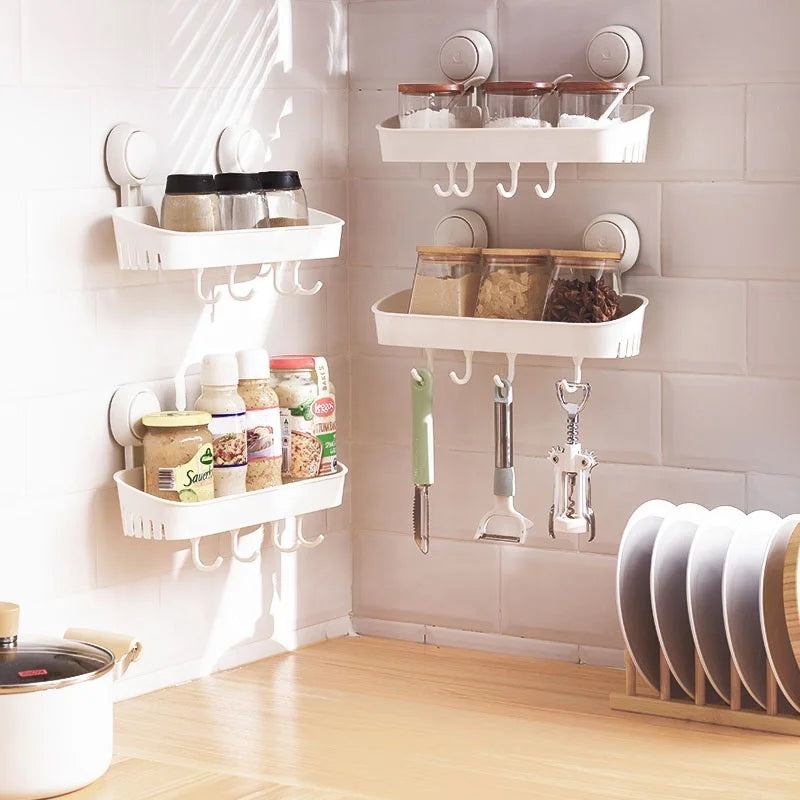 Household Kitchen Reusable Wall Mounted Rack Holder with Corner Basket Shelf Drill-Free Design for Home Storage