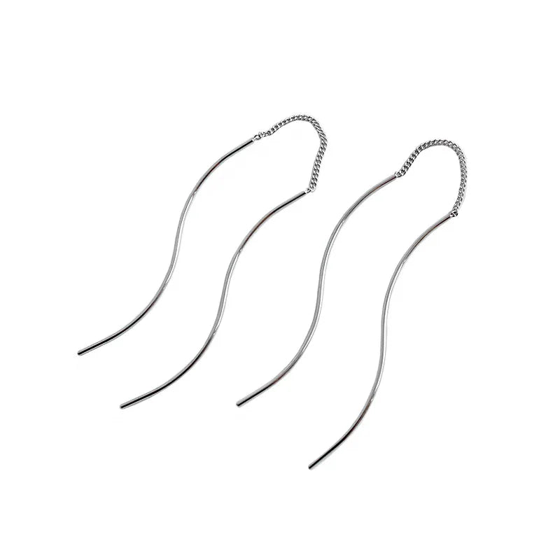 HED004 Minimalist Wave Strip Chain Silver Ear Wire Platinum Plated S925 Sterling Silver Double Dangle Earrings