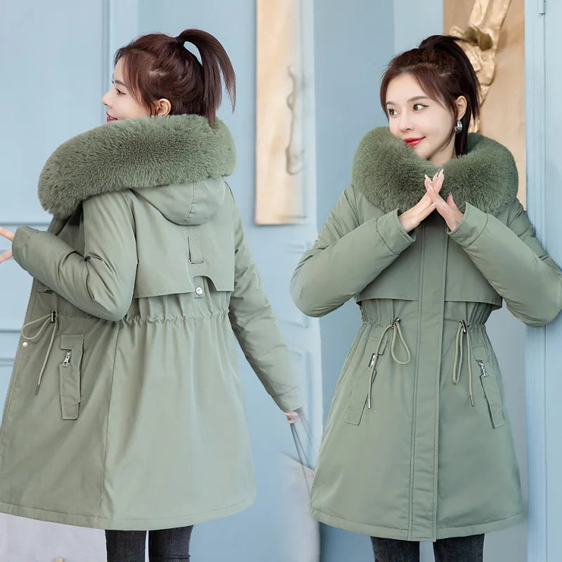 M-3XL Winter Large Fleece Collar Cotton Coat Korean Version Fashion Mid Length Thickened Plush Cotton Coat