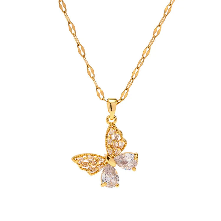 Dainty Stainless Steel Animals Charm Necklace Zircon butterfly Pendant Necklace