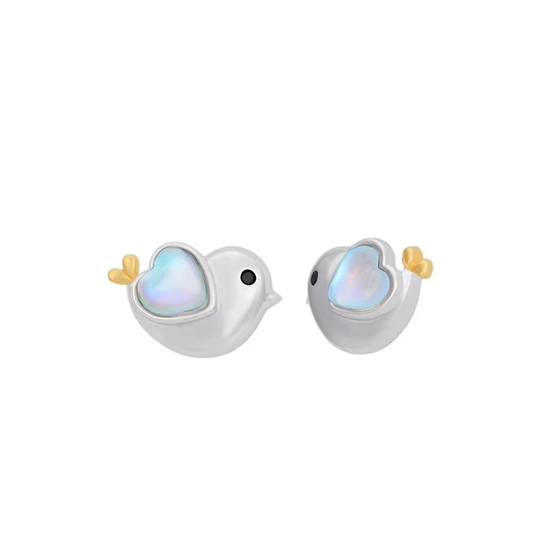 Cute Animal Earrings Heart Moonstone Jewelry 925 Sterling Silver Bird Stud Earrings for Girls