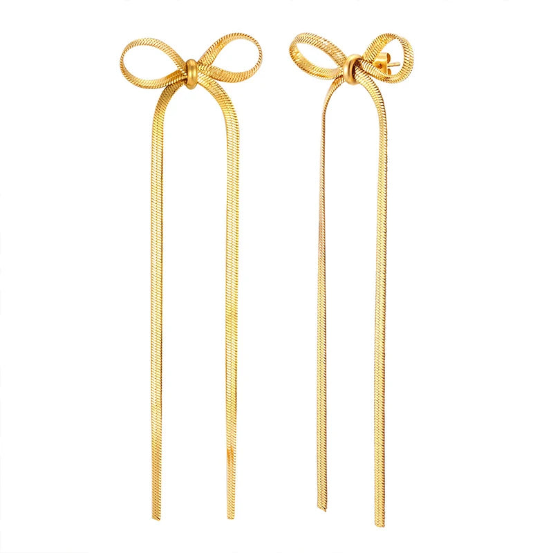 Ins Wholesale Stainless Steel 18K Gold Plated Trendy Hoop Earrings Flat Snake Chain Long Tassel Women Girls Party