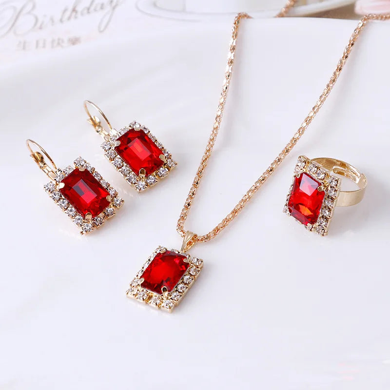 2023 Trend 3PCS Luxury Ruby Emerald Gemstone Bride Wedding Necklace Earrings Jewelry Sets