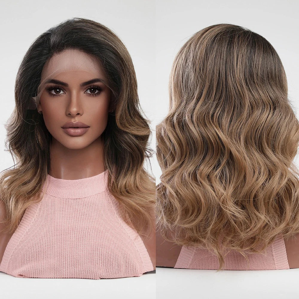Factory Fast DeliverySynthetic T-part Lace Wigs Wavy Ombre Black to Brown Lace Wig Fashion Side Part Nature Hair Wig for Women